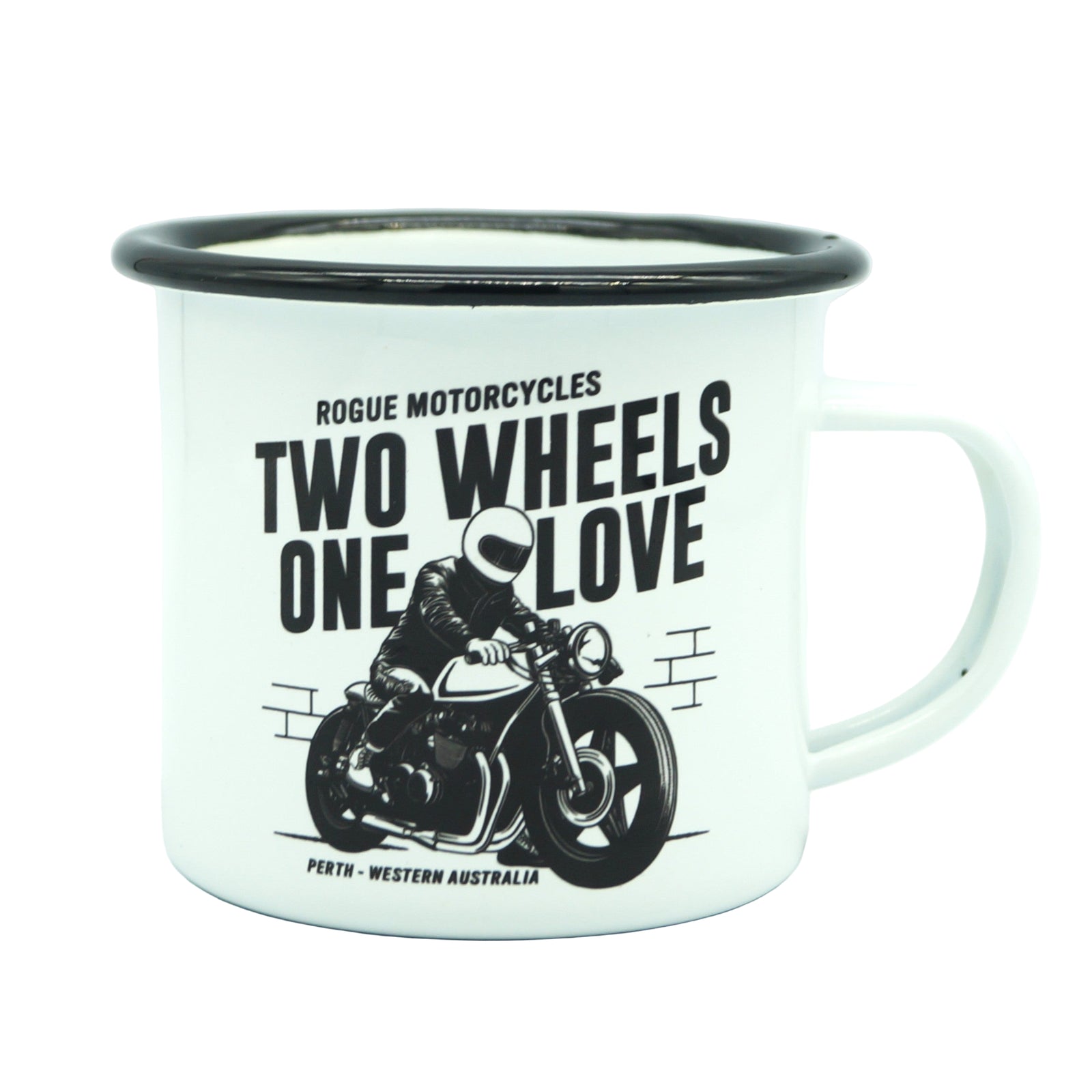 2 WHEELS 1 LOVE ENAMEL MUG