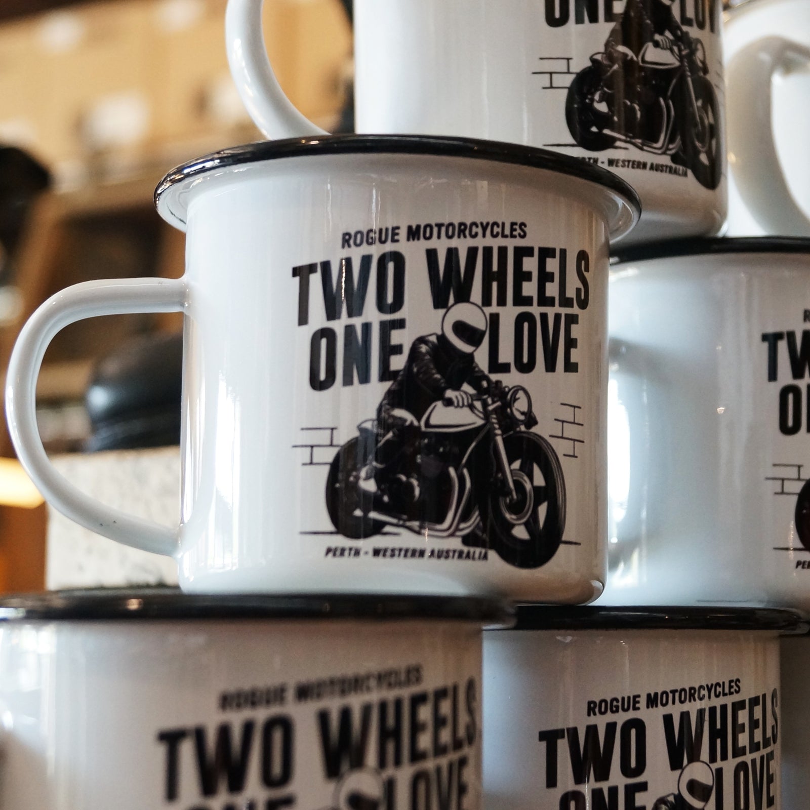 2 WHEELS 1 LOVE ENAMEL MUG