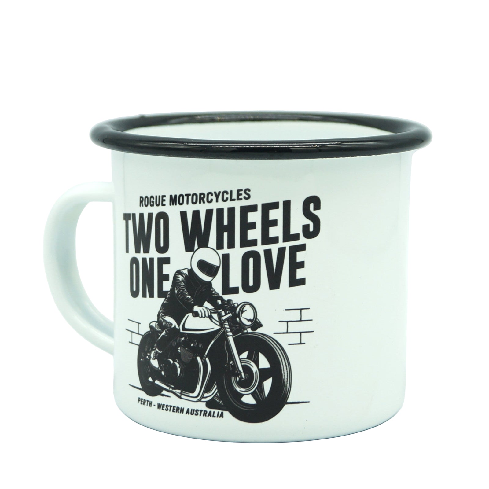 2 WHEELS 1 LOVE ENAMEL MUG