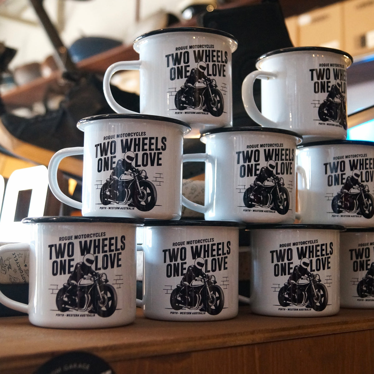2 WHEELS 1 LOVE ENAMEL MUG