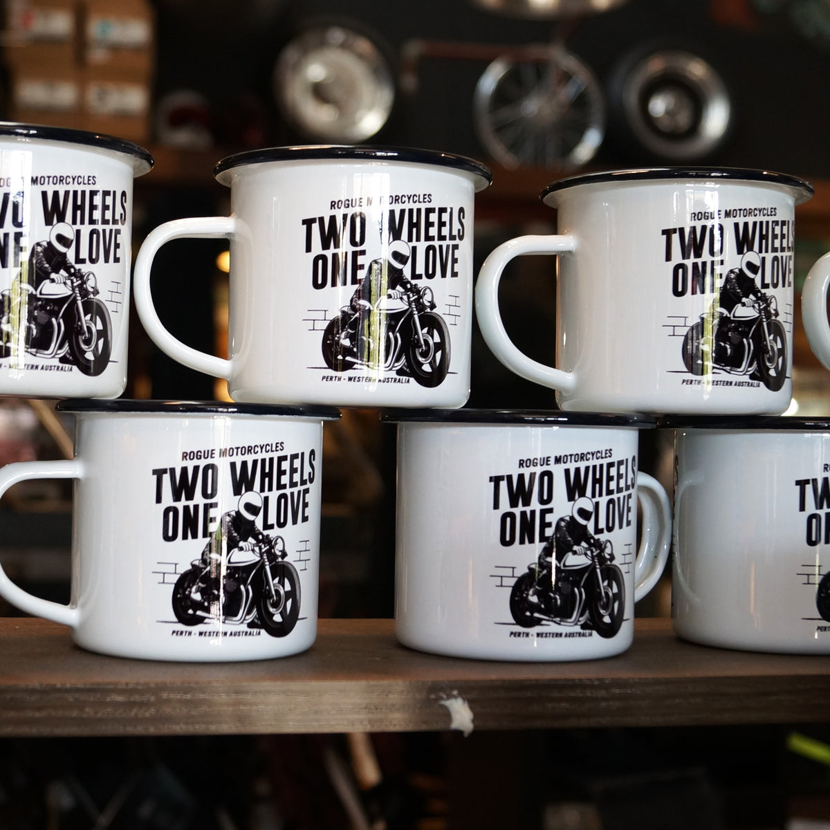 2 WHEELS 1 LOVE ENAMEL MUG