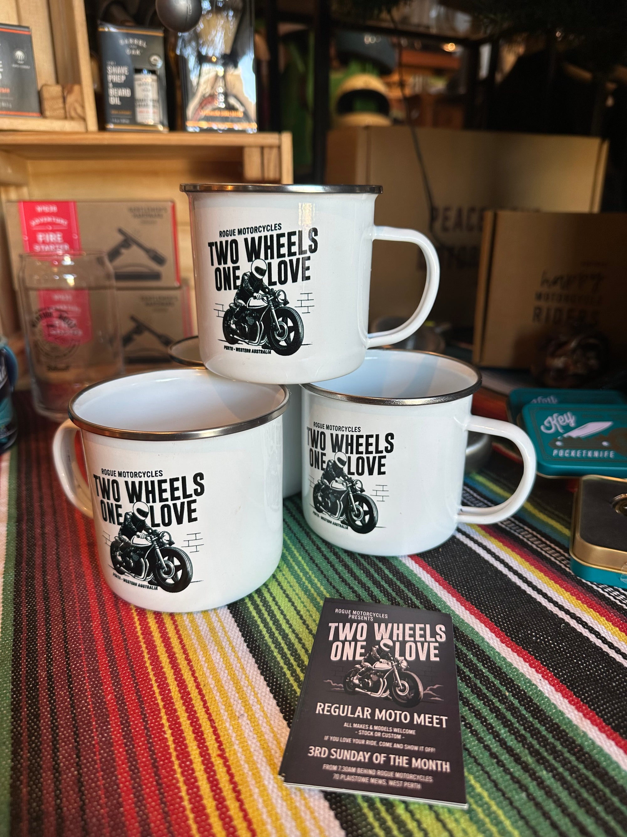 2 WHEELS 1 LOVE ENAMEL MUG