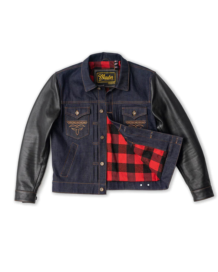 Motorcycle denim jacket with leather sleeves best sale