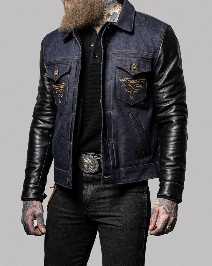 Leather jacket with denim sleeves hotsell
