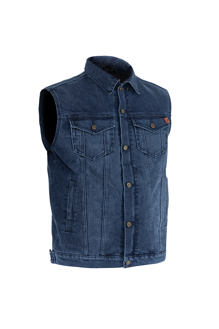 Blue denim vest with button details on a white background