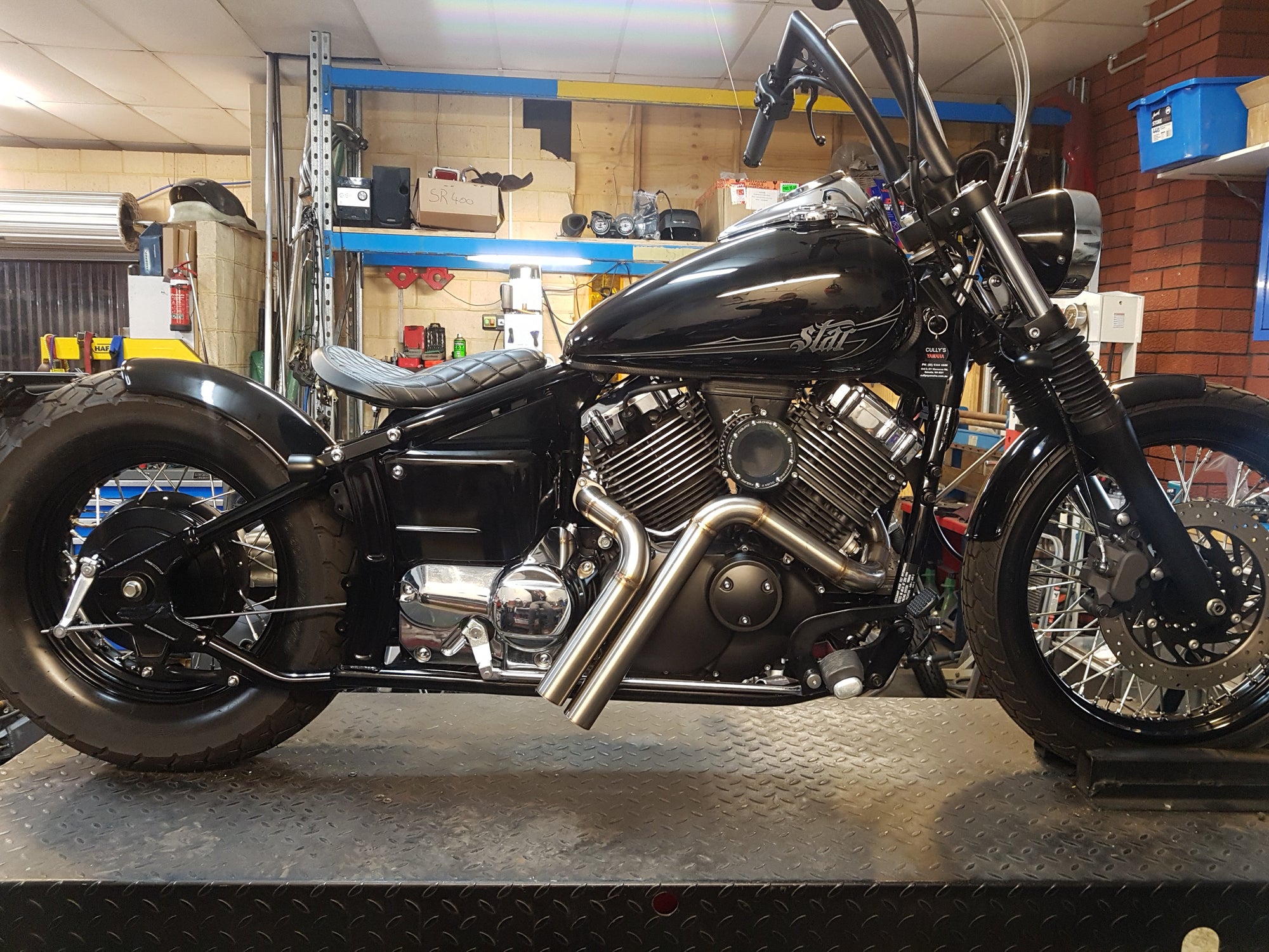 yamaha xvs650 bobber kit fender mudguard biltwell seat solo stainless headers exhaust rogue motorcycles wa western australia perth custom chopper v-star classic 